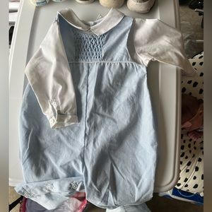 Petit Ami 6 month  blue gingham romper with Peter Pan collared shirt